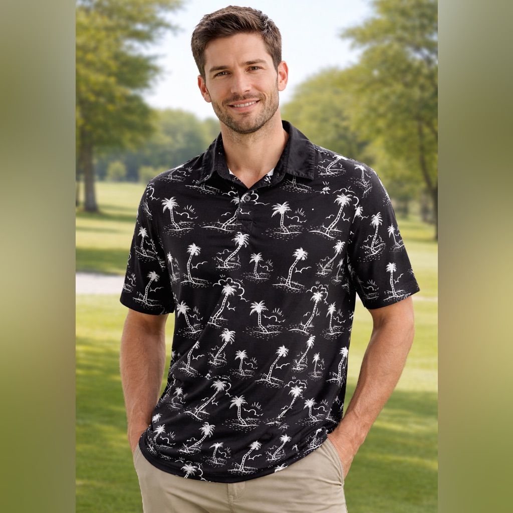 Tipsy Elves Men's Black Palm-Print Golf Polo Shirt Xl